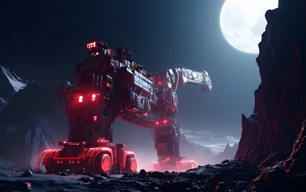 automated machines mining ice inside a large crater on the moon space