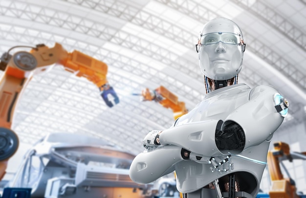 Automation automobile factory concept with 3d rendering robot assembly line with car