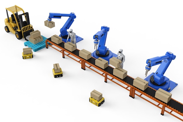 Automation factory concept with 3d rendering robot assembly line and conveyor belt