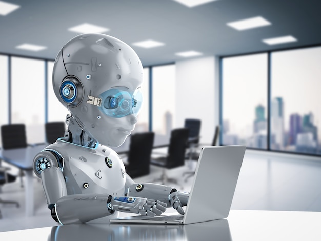 automation office worker concept with 3d rendering cute robot work with computer notebook
