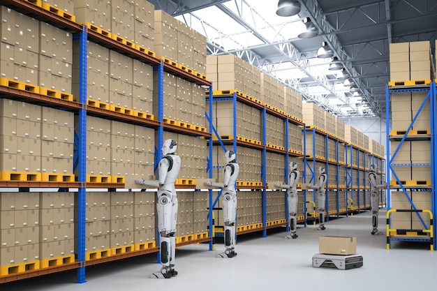 automation warehouse concept with 3d rendering cyborg work in warehouse
