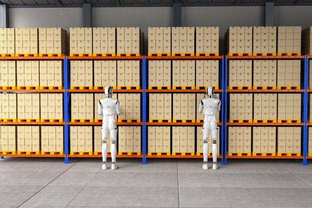 automation warehouse concept with cyborg work in warehouse