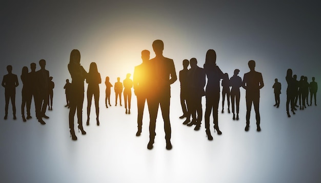 Backlit group of businesspeople standing on light background Teamwork and network concept