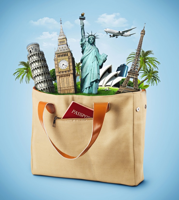 Fotoğraf bag full of famous monument with passport