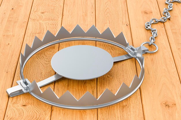 Bear trap on the wooden table 3D rendering