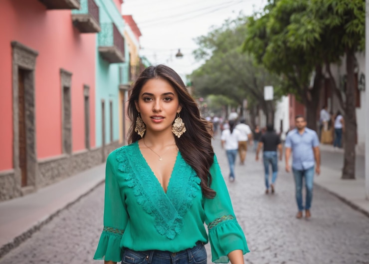 Fotoğraf beautiful attractive mexican young woman walking in a city
