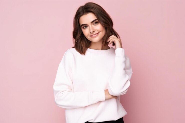 Beautiful brunette woman wearing white sweatshirt mockup in studio against pink background young woman wearing white sweatshirt mockup Basic sweatshirt template