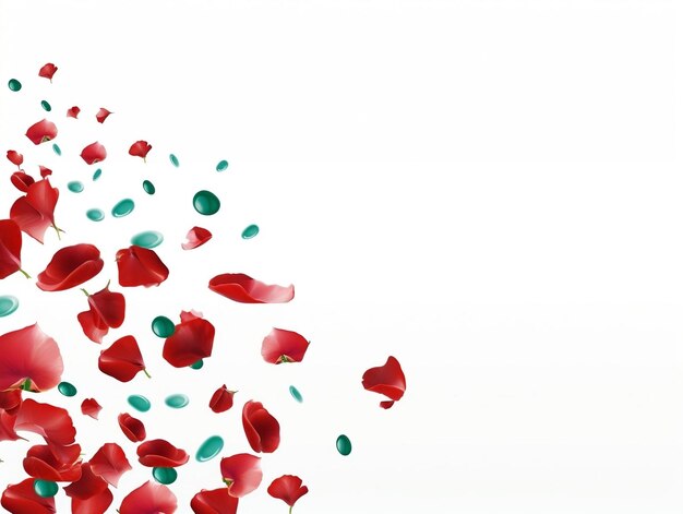 beautiful falling red rose petals falling white background
