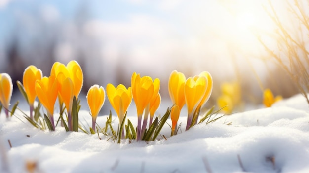 Beautiful primroses of yellow Crocuses bloom on a background of white snow on a sunny spring day Spring background with copy space