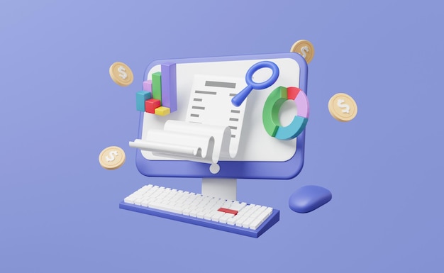 Bilgisayar dizüstü dijital çevrimiçi pazarlama analizi optimizasyon büyüme tablosu yatırım hisse senedi ticareti iş geliştirme konsept planlama danışmanlık karikatür minimal 3D render illüstrasyon