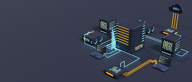 Bilgisayar teknolojisi 3D illüstrasyon. Büyük veri merkezinin hesaplanması. Bulut bilişim. Çevrimiçi cihazlar bilgi yüklüyor ve indiriyor. Modern 3D illüstrasyon 3D render.