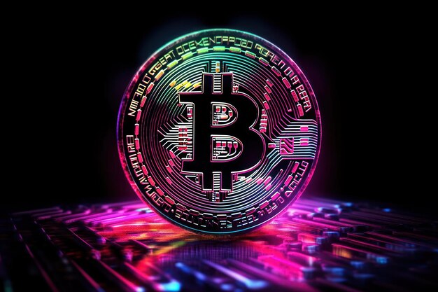 bitcoin coin on a neon background cryptocurrency blockchain high tech
