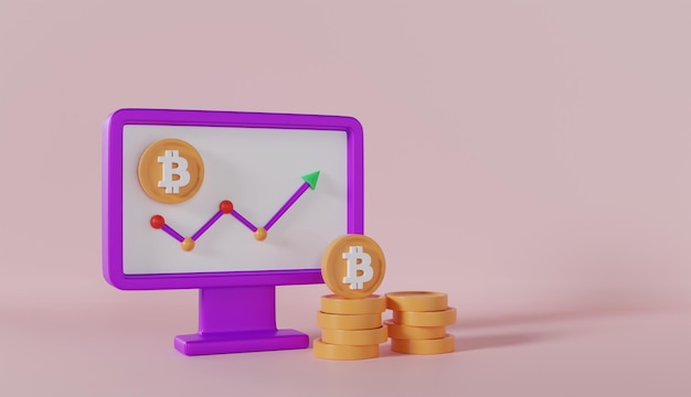 Bitcoin cryptocurrency with monitor and graph on pink background