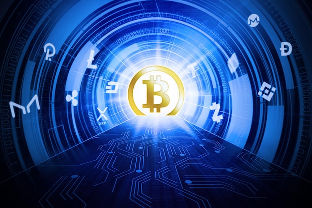 bitcoin in futuristic digital circuit board tunnel