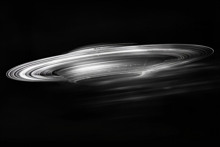 Black and white photograph of a blurry object on a black background