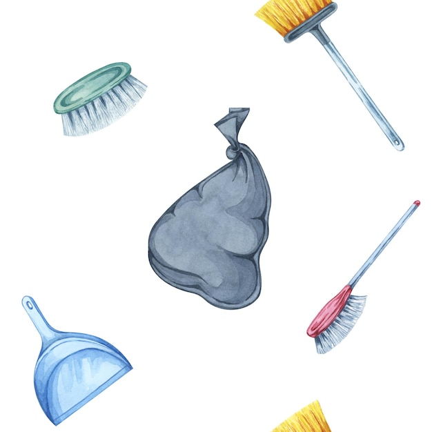 Black garbage bags brooms and dustpans watercolor seamless pattern Background Clipart for use in waste management company branding