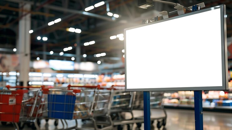 Fotoğraf blank billboard in a supermarket next to shopping carts generative ai
