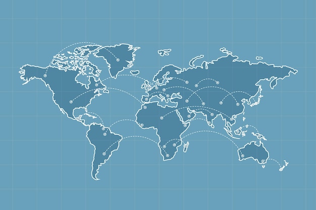 Blockchain concept with blue countries outlined with white lines on world map at light blue backdrop