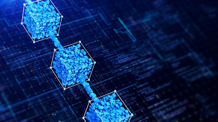Fotoğraf blockchain technology concept small cubes gathered inside a large box on a dark blue background