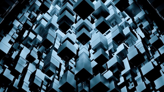 Blue and gold background design falling and rising squares on a black background in animation