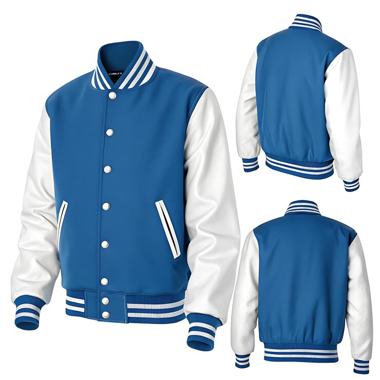 Blue and White Varsity Jacket Design Front Back and Side Views