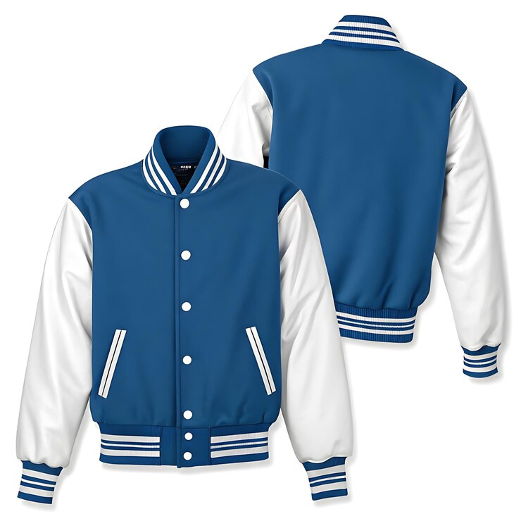 Blue and White Varsity Jacket Design Front Back and Side Views