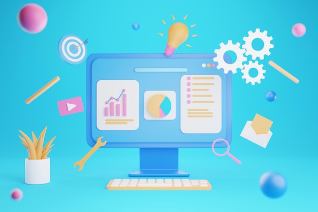 Blue background, computer, online marketing, with business growth. Business Goals. 3D rendering.