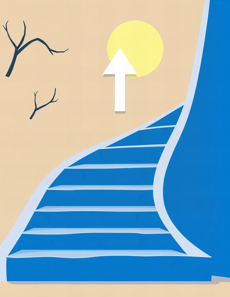 Blue staircase with a white arrow pointing upwards representing progress and success
