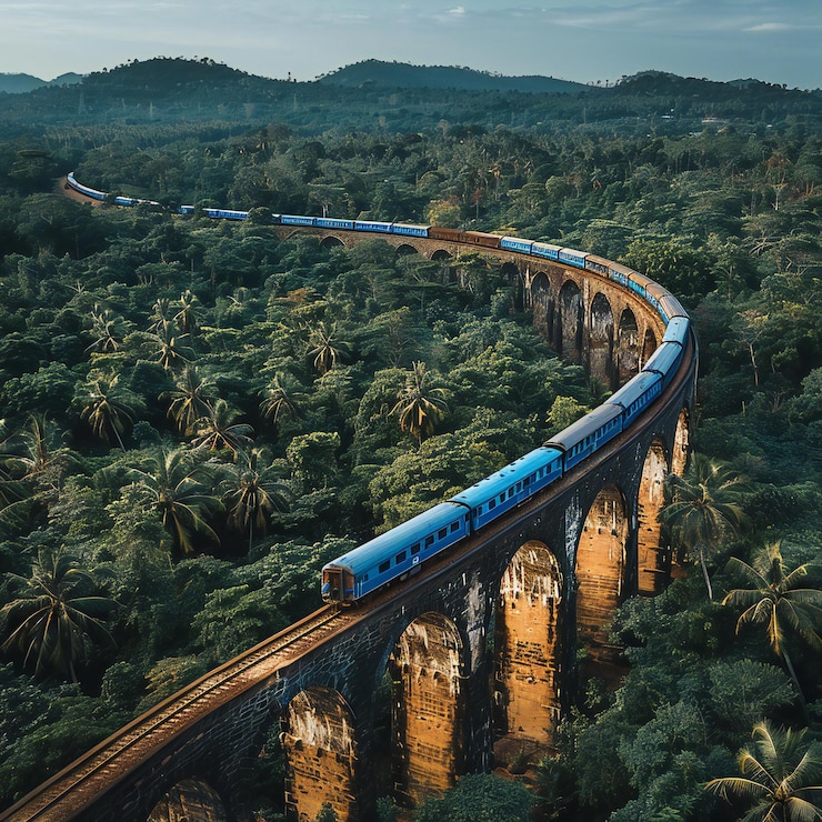 Blue train on stone arch bridge in aerial view surrounded by dense forest in Sri Lanka
