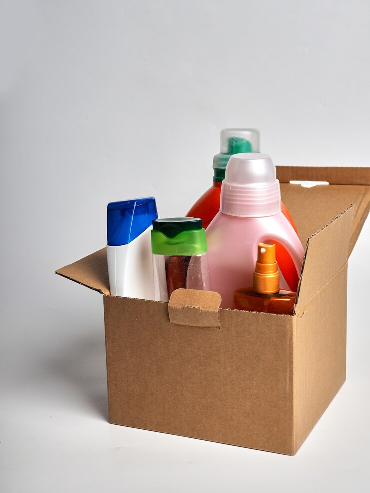 Fotoğraf box with cleaning products for home cleaning, the concept of hygiene and in the house