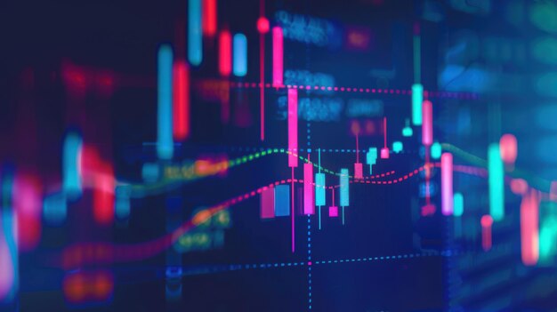 Bright candlestick chart lines on a dark blue digital screen showing movement in stock market graph and patterns of investment growth