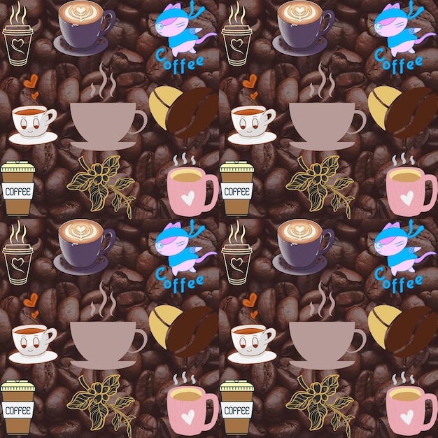 Bright coffee background pattern with different colored graphics