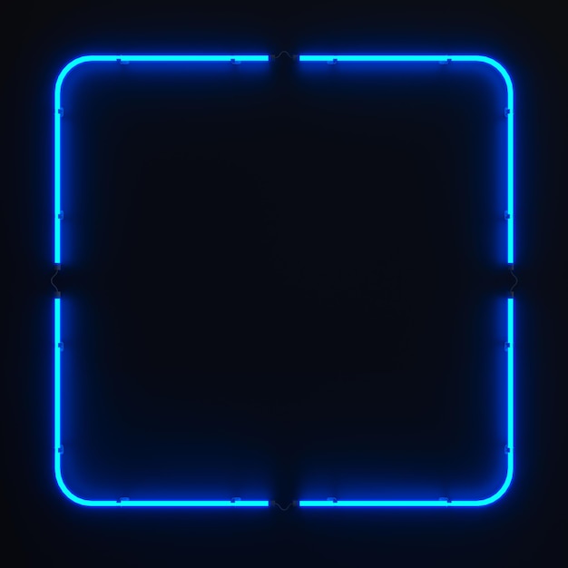 Bright glowing neon rectangular sign on dark wall background 3d illustration