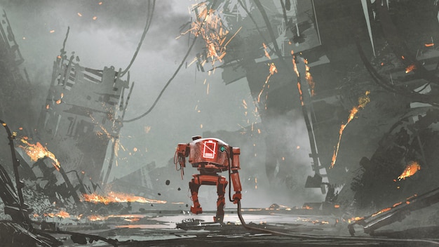 broken robot with low-battery walking in ruined city, digital art style, illustration painting
