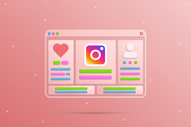 Browser window with social elements Instagram networks user social profile and activity 3d