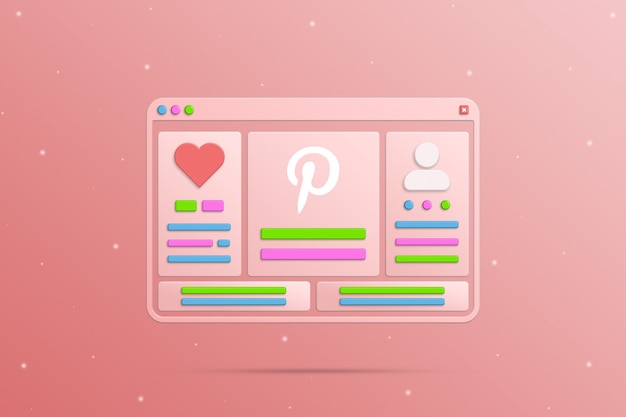 browser window with social elements pinterest networks user social profile and activity 3d