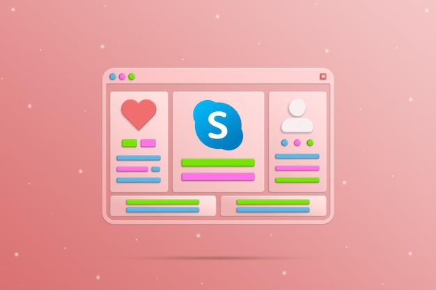 browser window with social elements skype networks user social profile and activity 3d