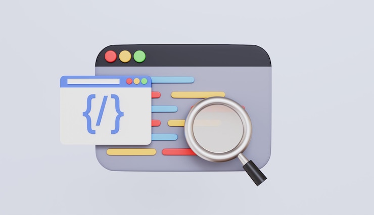 Fotoğraf browser with programming source code and magnifying glass coding screen coding icon