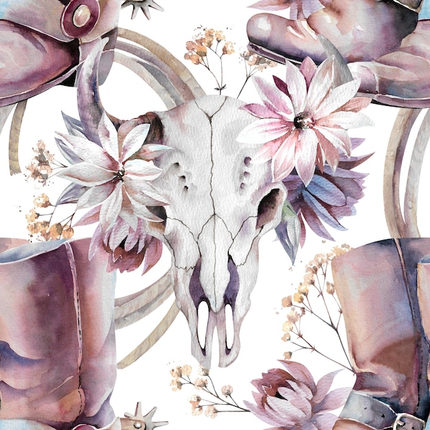 Bull skull with flowers cowboy boots rope hand drawn watercolor seamless pattern isolated on white