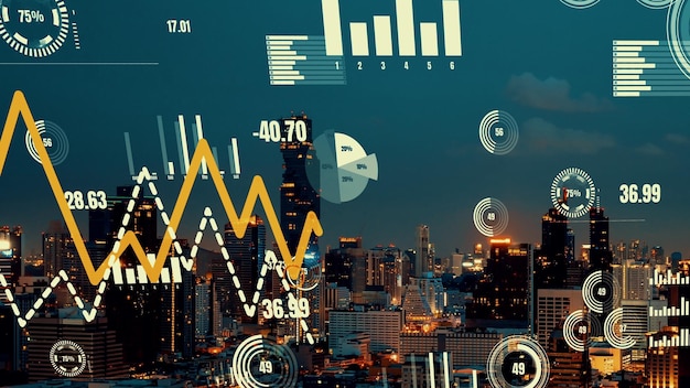 business data analytic interface fly over smart city showing alteration future