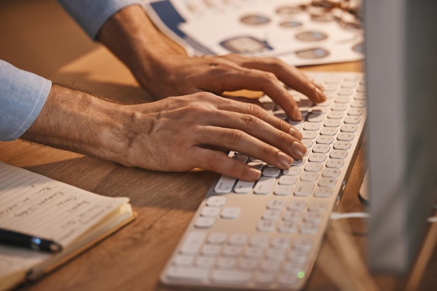 business man hands and coding with keyboard zoom analytics and it code work overtime with deadline working night email and programming with software update and communication with programmer