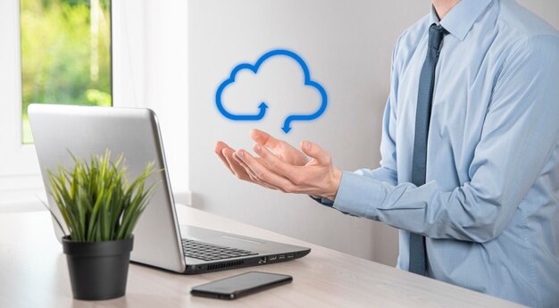 business man holding icon cloud computing network and icon connection data information in hand cloud computing and technology concept
