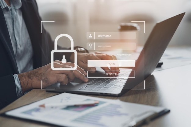 Business man working on laptop Cybersecurity Global network security technology business people protect personal information Encryption padlock icon virtual interface Business Technology concept