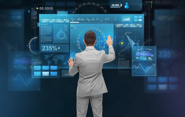 business, people, technology, cyberspace and future concept - businessman working with virtual screens