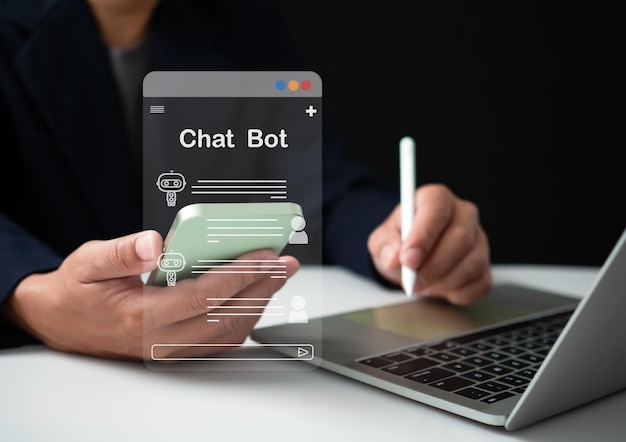 Business people use computers and work phones There is a smart AI system to help make work faster chat bot Smart AI system concept Concept technology