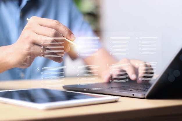Business performance checklist businessman doing online checklist survey online survey questionnaire