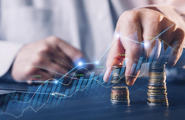 business person draws growing virtual hologram of statistics graph and chartinvestment of growth