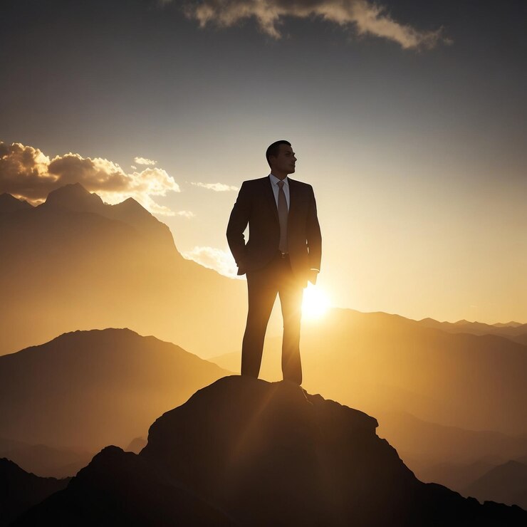 Business success leadership achievement silhouette of businessman with on mountain