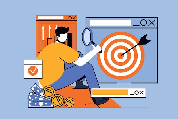 Business target concept with people scene in flat design for web Man researching trends and pointing aims for company development Vector illustration for social media banner marketing material