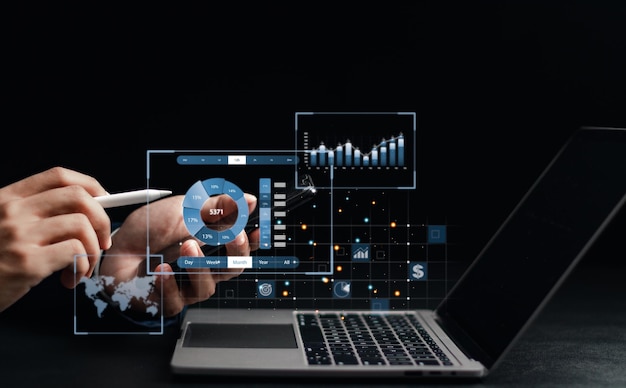 businessman analyzing growth sales data graph on modern interface icons digital online marketing financial and investment business planning and development